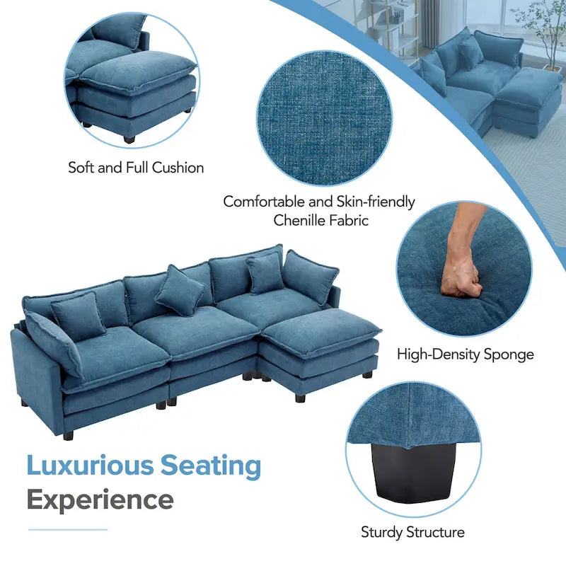 L-Shape 4-Seat Chenille Sectional Sofa with Removable Ottoman and 5 Pillows 112 Inch