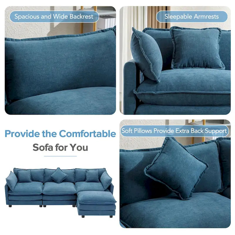 L-Shape 4-Seat Chenille Sectional Sofa with Removable Ottoman and 5 Pillows 112 Inch