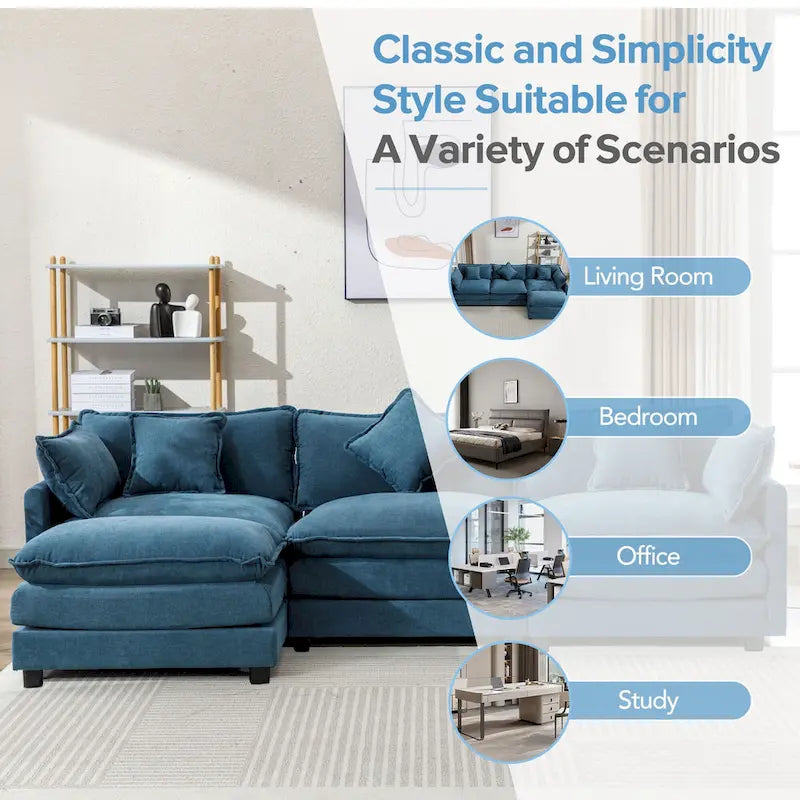 L-Shape 4-Seat Chenille Sectional Sofa with Removable Ottoman and 5 Pillows 112 Inch