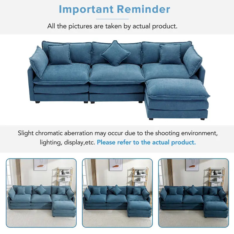 L-Shape 4-Seat Chenille Sectional Sofa with Removable Ottoman and 5 Pillows 112 Inch