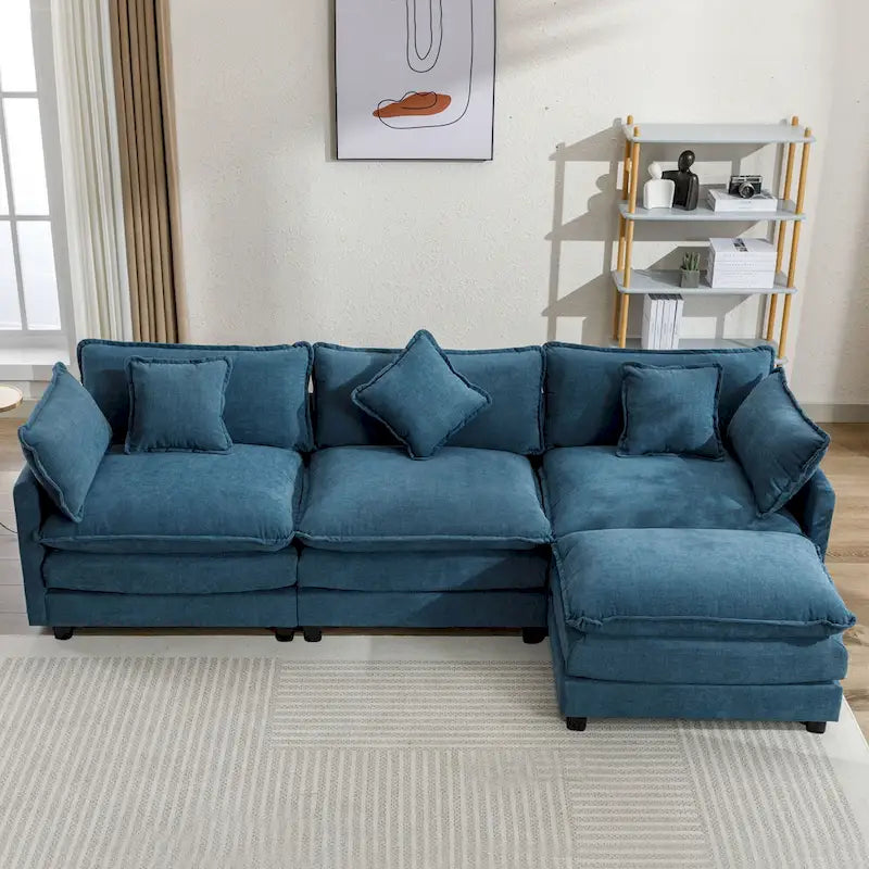 L-Shape 4-Seat Chenille Sectional Sofa with Removable Ottoman and 5 Pillows 112 Inch