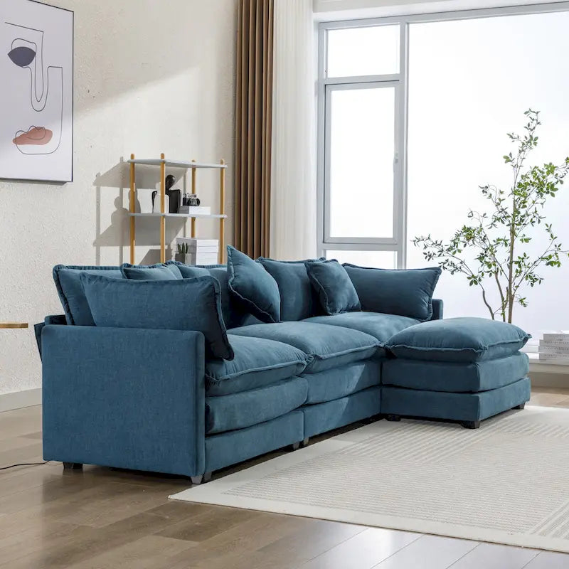 L-Shape 4-Seat Chenille Sectional Sofa with Removable Ottoman and 5 Pillows 112 Inch