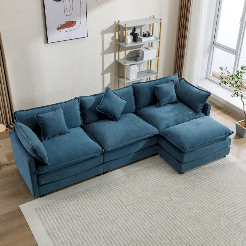 L-Shape 4-Seat Chenille Sectional Sofa with Removable Ottoman and 5 Pillows 112 Inch