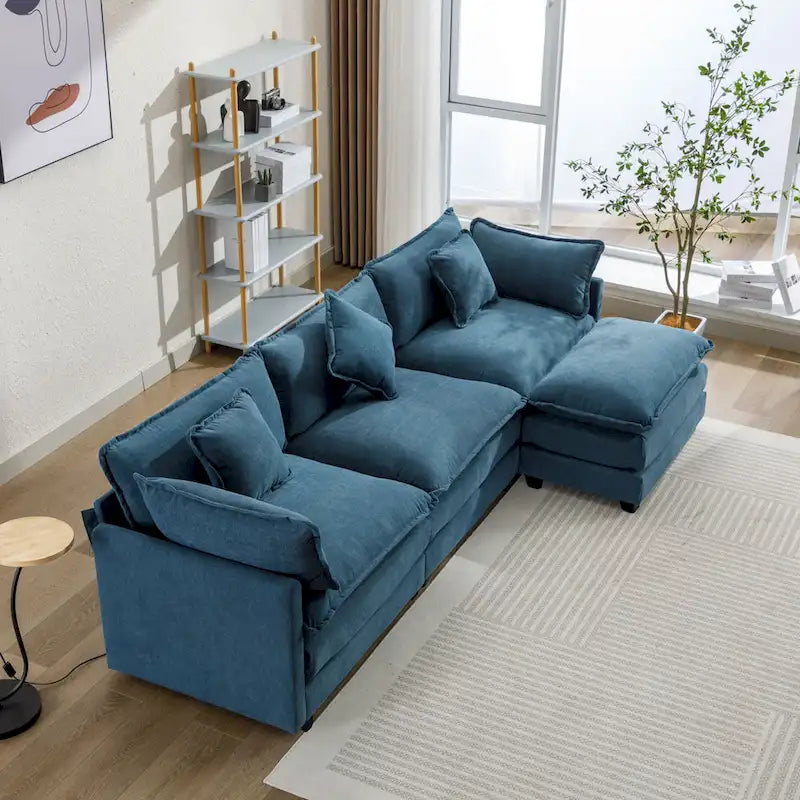L-Shape 4-Seat Chenille Sectional Sofa with Removable Ottoman and 5 Pillows 112 Inch