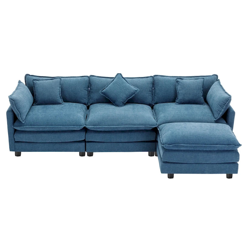 L-Shape 4-Seat Chenille Sectional Sofa with Removable Ottoman and 5 Pillows 112 Inch