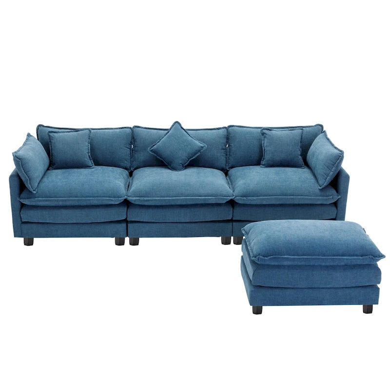 L-Shape 4-Seat Chenille Sectional Sofa with Removable Ottoman and 5 Pillows 112 Inch