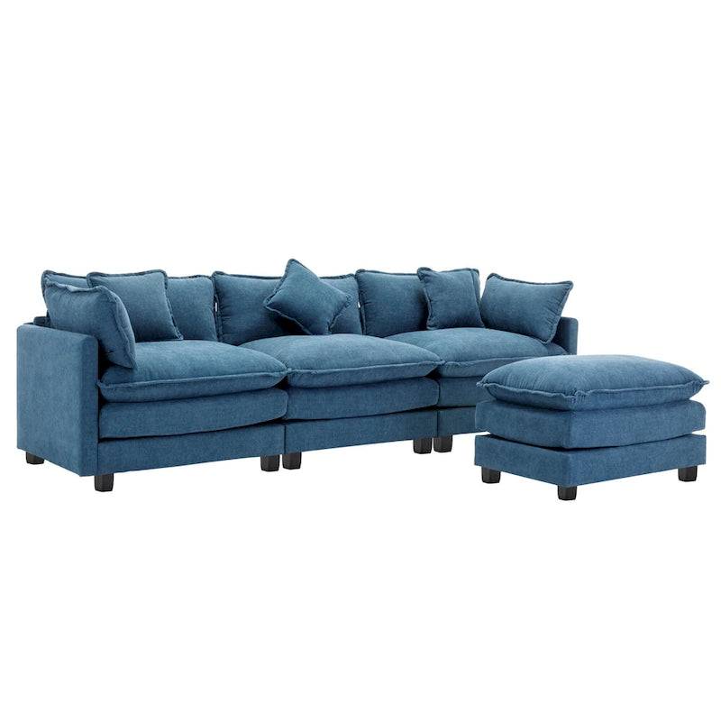 L-Shape 4-Seat Chenille Sectional Sofa with Removable Ottoman and 5 Pillows 112 Inch