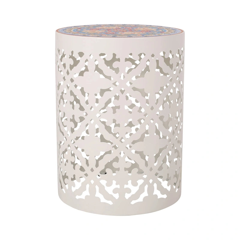 Lace Cut Iron Side Table with Tile Mosaic Top 13.75 Inch No Assembly Required