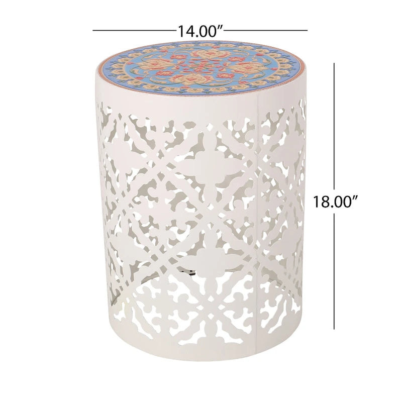 Lace Cut Iron Side Table with Tile Mosaic Top 13.75 Inch No Assembly Required