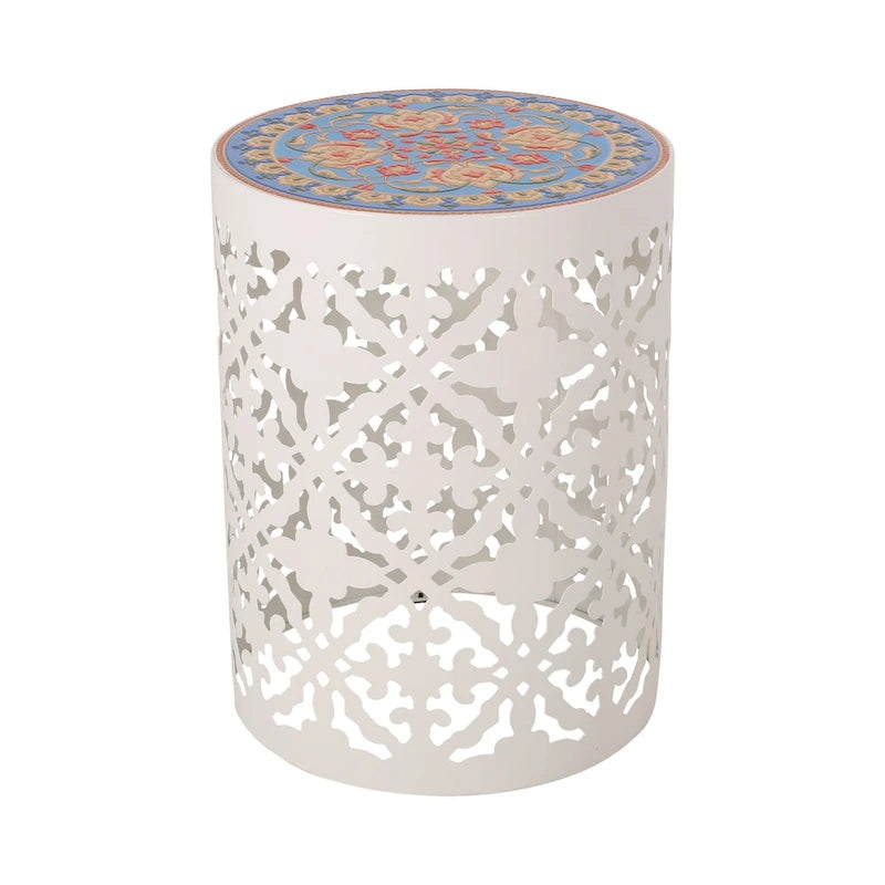 Lace Cut Iron Side Table with Tile Mosaic Top 13.75 Inch No Assembly Required