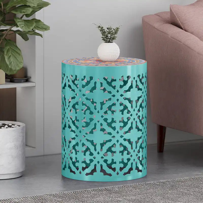 Lace Cut Iron Side Table with Tile Mosaic Top 13.75 Inch No Assembly Required