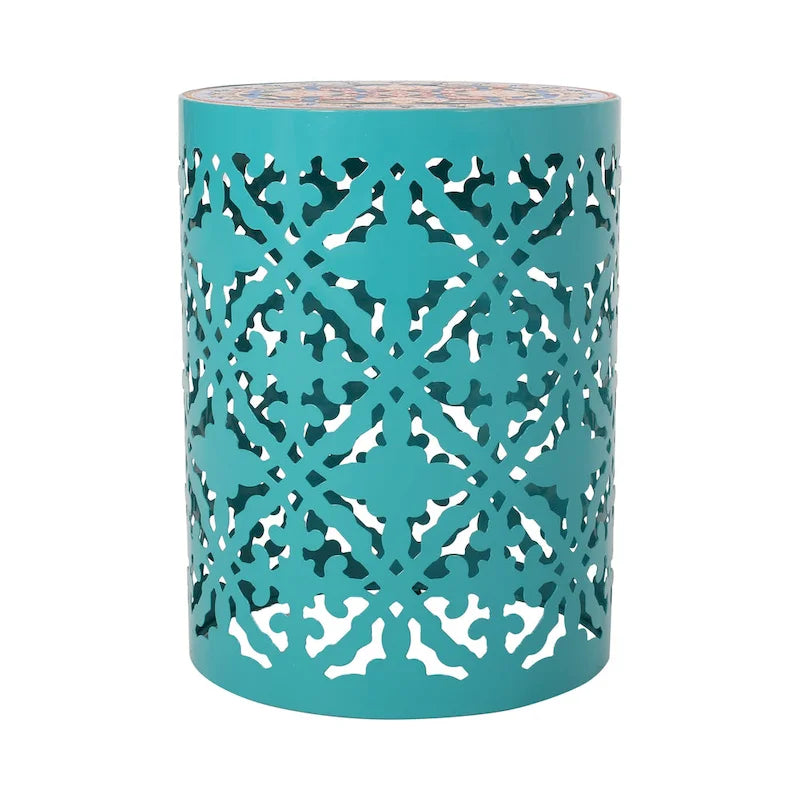 Lace Cut Iron Side Table with Tile Mosaic Top 13.75 Inch No Assembly Required