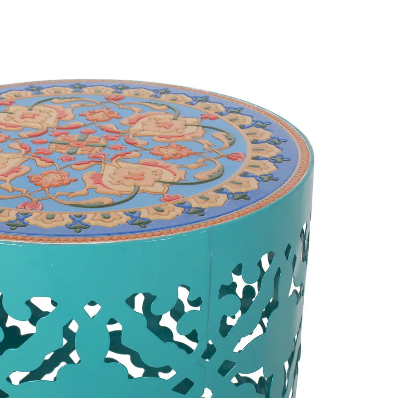 Lace Cut Iron Side Table with Tile Mosaic Top 13.75 Inch No Assembly Required