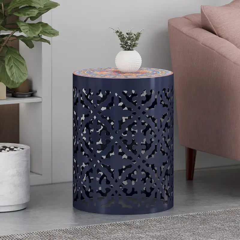Lace Cut Iron Side Table with Tile Mosaic Top 13.75 Inch No Assembly Required