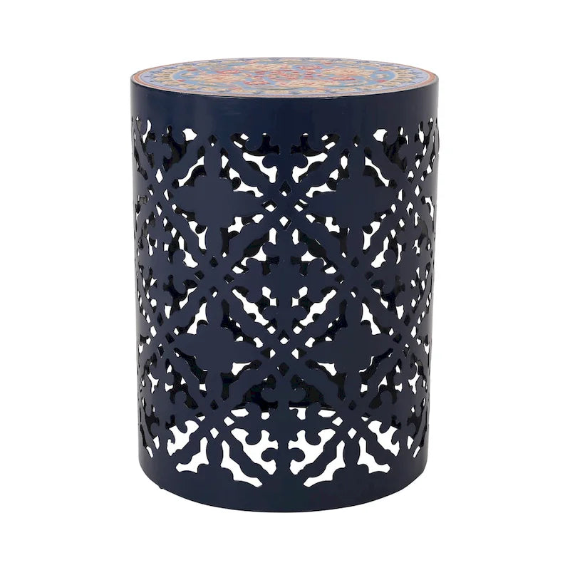Lace Cut Iron Side Table with Tile Mosaic Top 13.75 Inch No Assembly Required