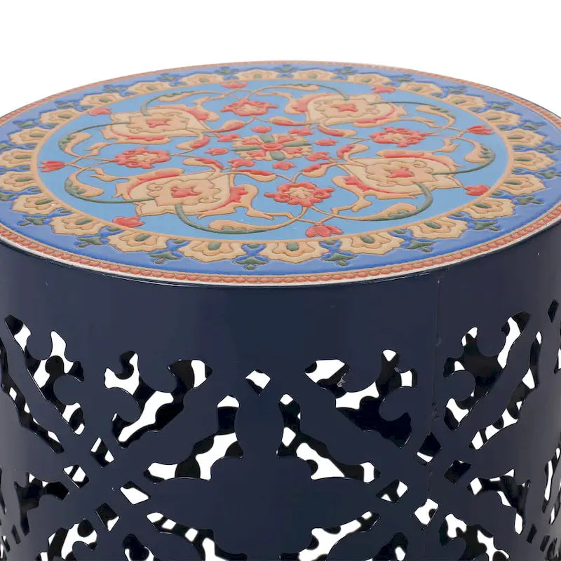 Lace Cut Iron Side Table with Tile Mosaic Top 13.75 Inch No Assembly Required