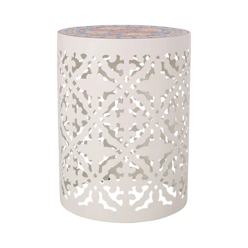 Lace Cut Iron Side Table with Tile Mosaic Top 13.75 Inch No Assembly Required