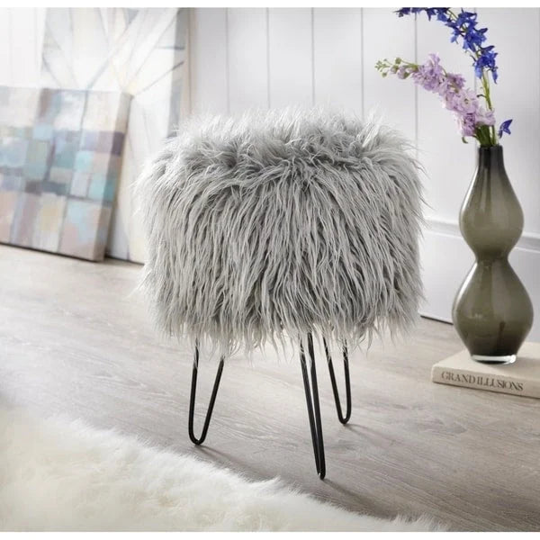 Round Faux Fur Upholstered Stool with Metal Hairpin Legs