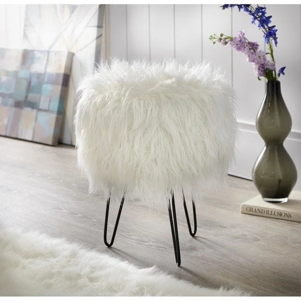 Round Faux Fur Upholstered Stool with Metal Hairpin Legs