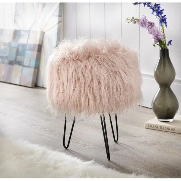 Round Faux Fur Upholstered Stool with Metal Hairpin Legs