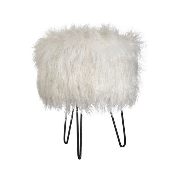 Round Faux Fur Upholstered Stool with Metal Hairpin Legs