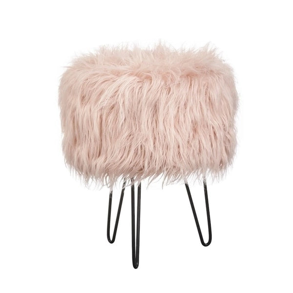 Round Faux Fur Upholstered Stool with Metal Hairpin Legs