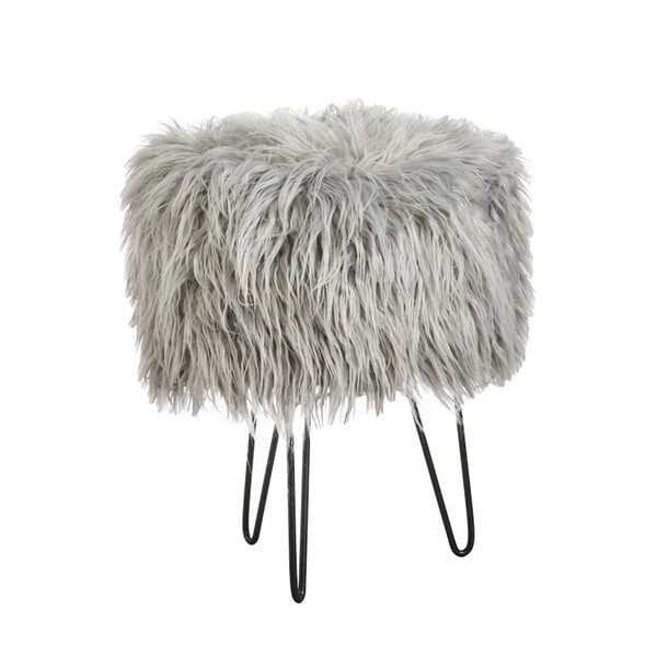 Round Faux Fur Upholstered Stool with Metal Hairpin Legs