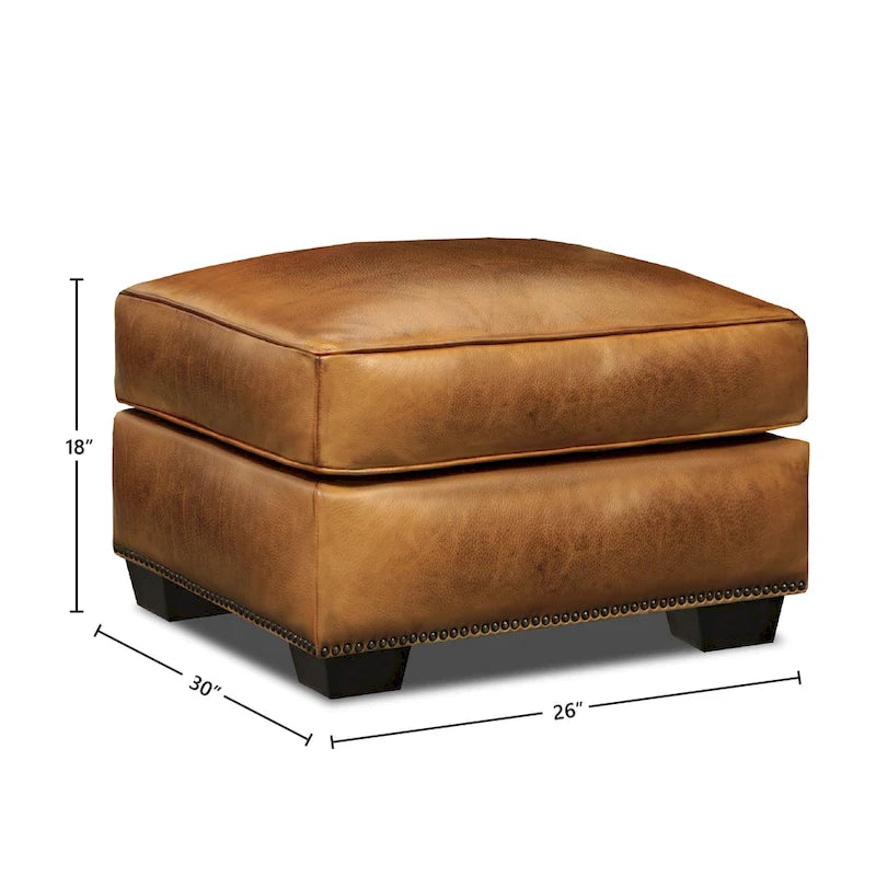 Top Grain Hand-Antiqued Leather Ottoman with Pocketed Coil Springs 26x30 Inch