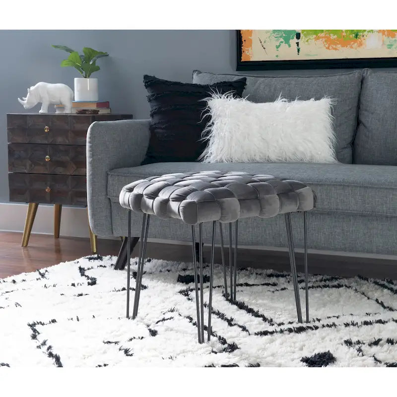 Handwoven Velvet Square Ottoman with Hairpin Legs