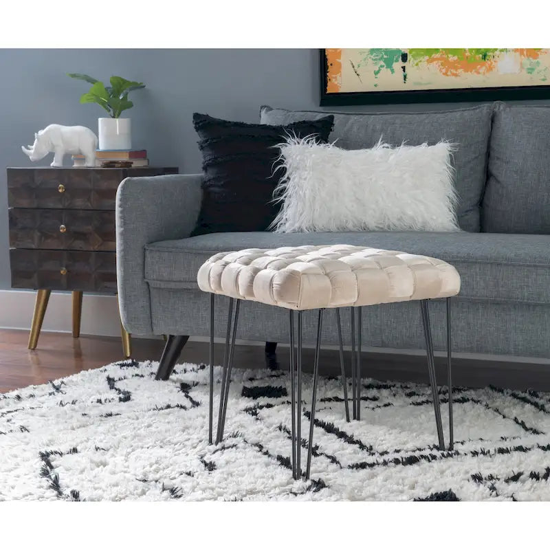 Handwoven Velvet Square Ottoman with Hairpin Legs