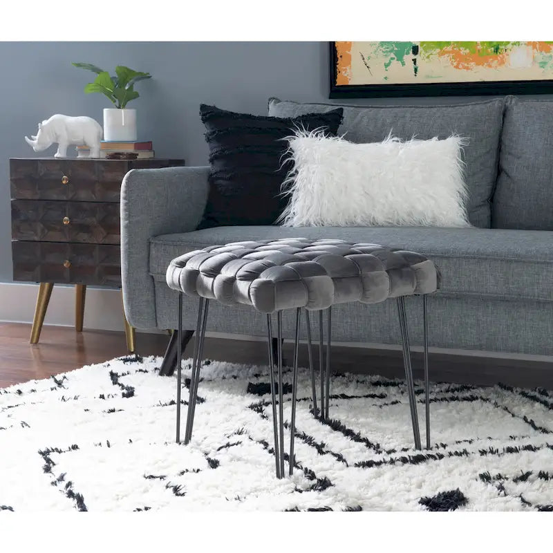 Handwoven Velvet Square Ottoman with Hairpin Legs