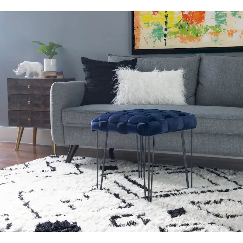 Handwoven Velvet Square Ottoman with Hairpin Legs