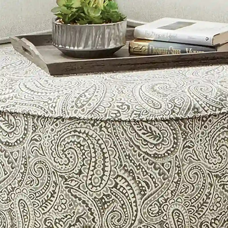 Round Chenille Upholstered Cocktail Ottoman Ivory
