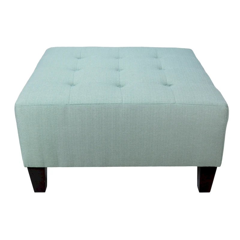 Square Button-Tufted Polyester Ottoman with Espresso Legs Sea-Mist Blue