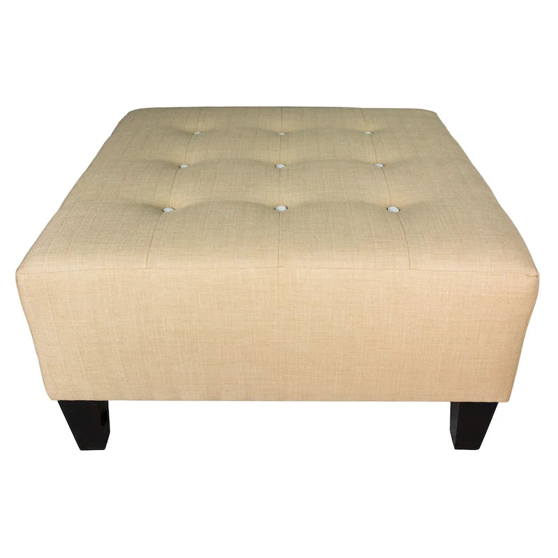 Square Button-Tufted Polyester Ottoman with Espresso Legs Sea-Mist Blue