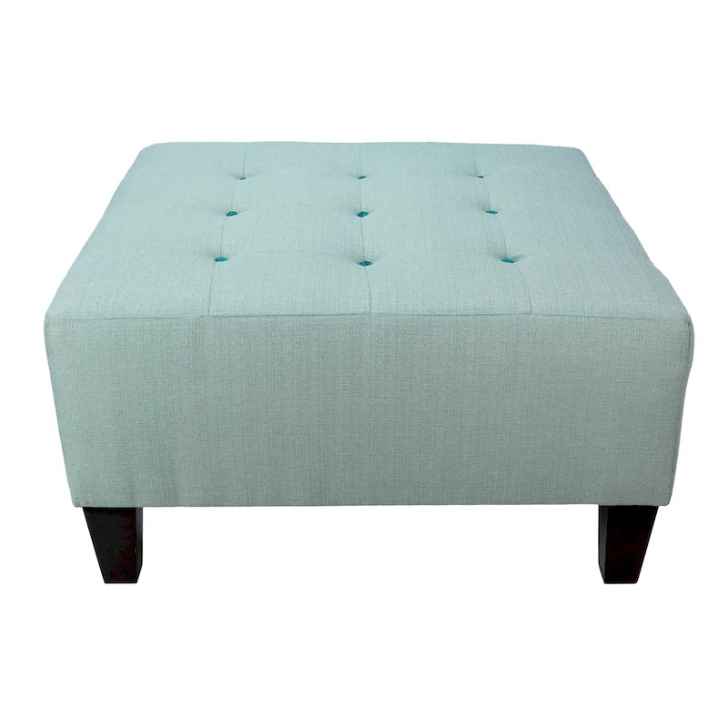 Square Button-Tufted Polyester Ottoman with Espresso Legs Sea-Mist Blue