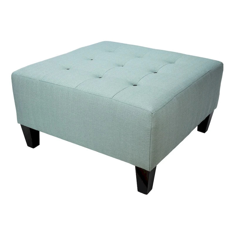 Square Button-Tufted Polyester Ottoman with Espresso Legs Sea-Mist Blue