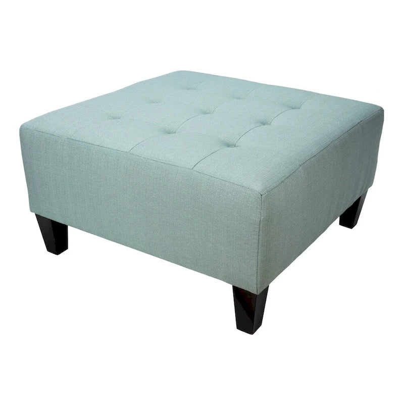 Square Button-Tufted Polyester Ottoman with Espresso Legs Sea-Mist Blue