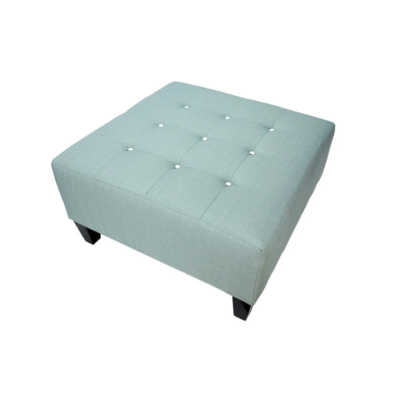 Square Button-Tufted Polyester Ottoman with Espresso Legs Sea-Mist Blue