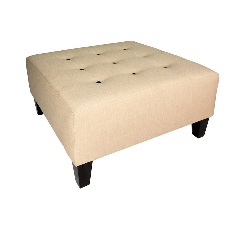 Square Button-Tufted Polyester Ottoman with Espresso Legs Sea-Mist Blue
