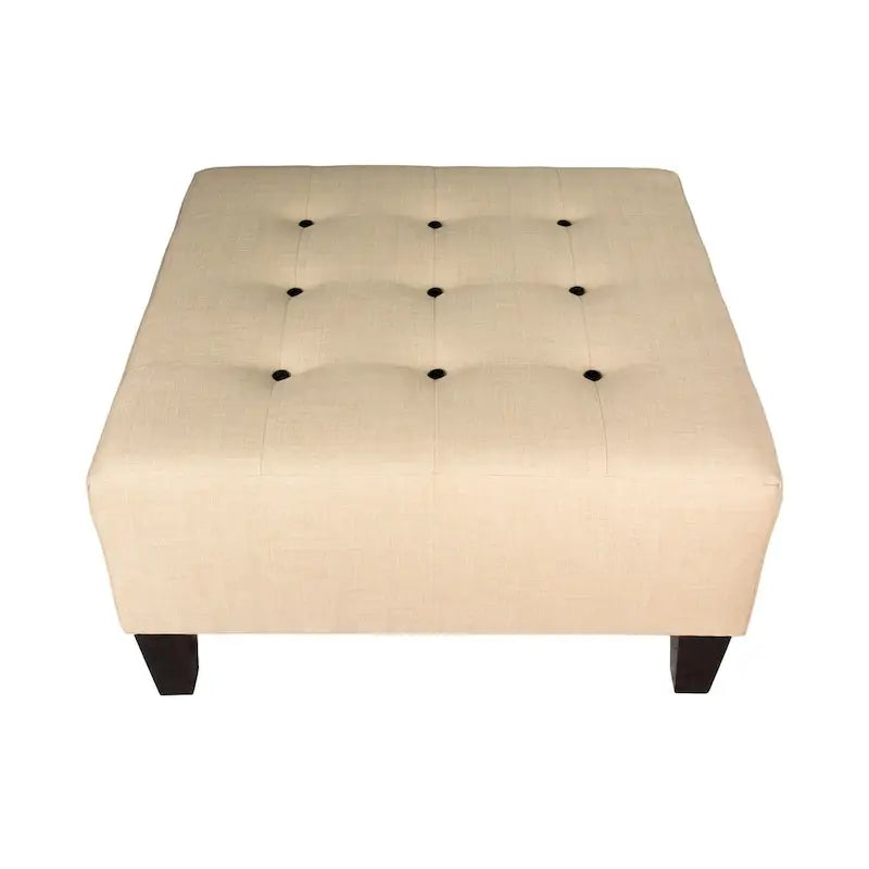 Square Button-Tufted Polyester Ottoman with Espresso Legs Sea-Mist Blue