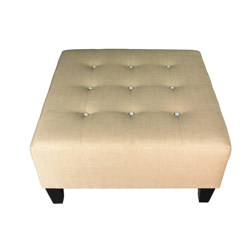 Square Button-Tufted Polyester Ottoman with Espresso Legs Sea-Mist Blue