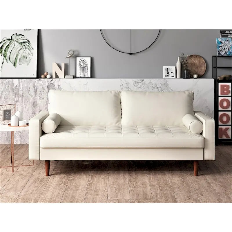 Mid-Century Modern Button-Tufted Faux Leather Loveseat with Pecan Tapered Legs