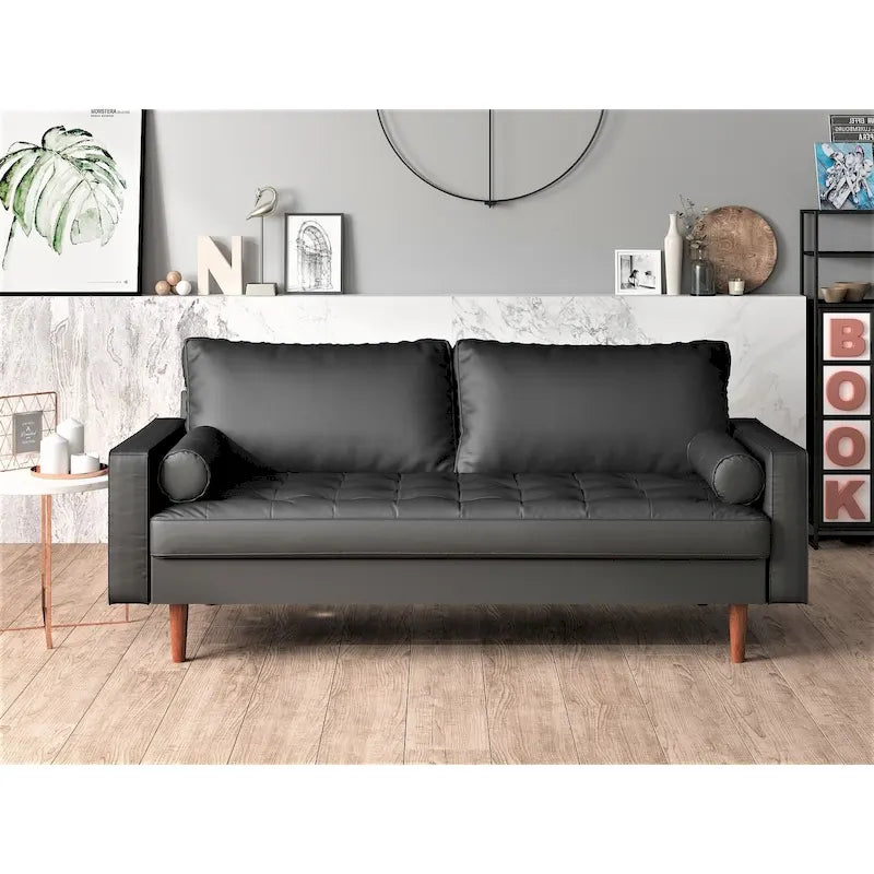 Mid-Century Modern Button-Tufted Faux Leather Loveseat with Pecan Tapered Legs
