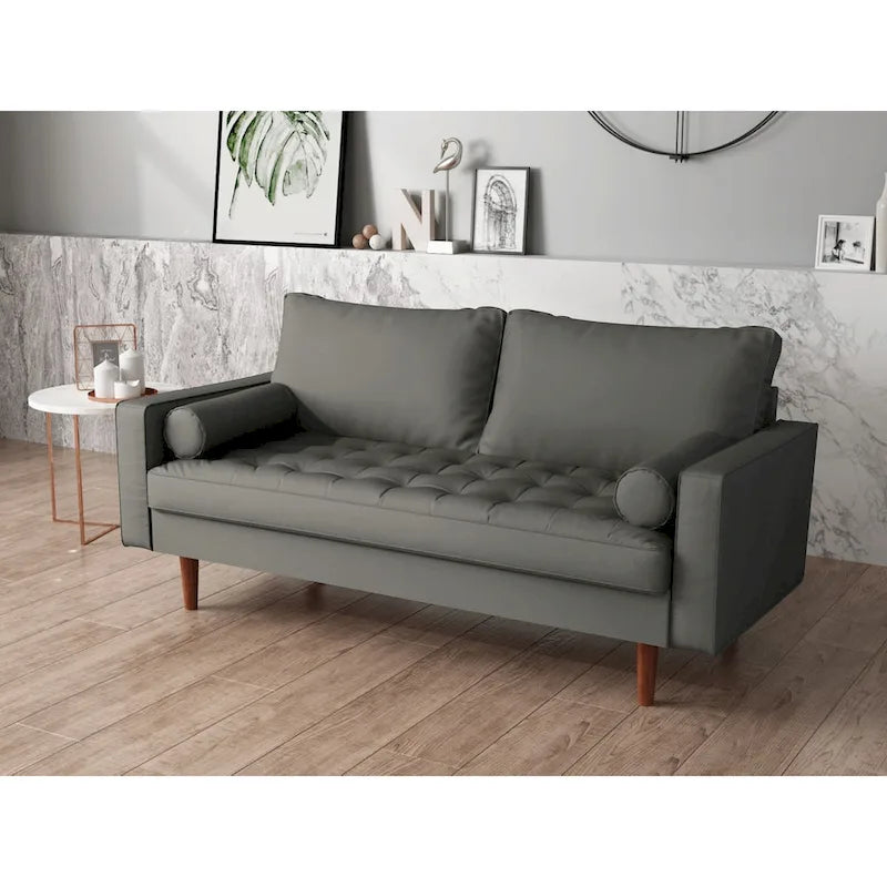 Mid-Century Modern Button-Tufted Faux Leather Loveseat with Pecan Tapered Legs