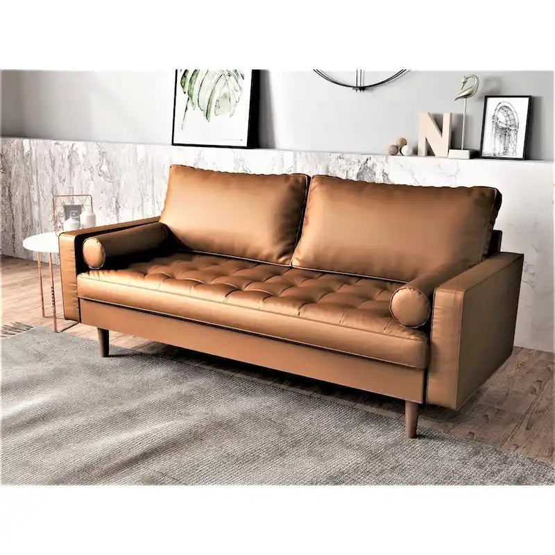 Mid-Century Modern Button-Tufted Faux Leather Loveseat with Pecan Tapered Legs