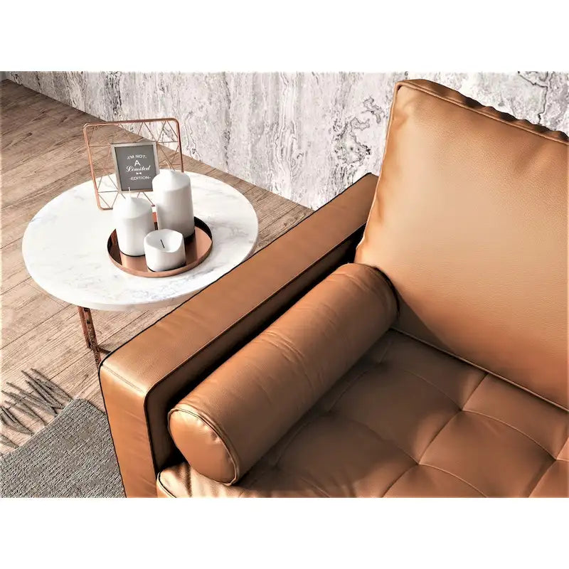 Mid-Century Modern Button-Tufted Faux Leather Loveseat with Pecan Tapered Legs
