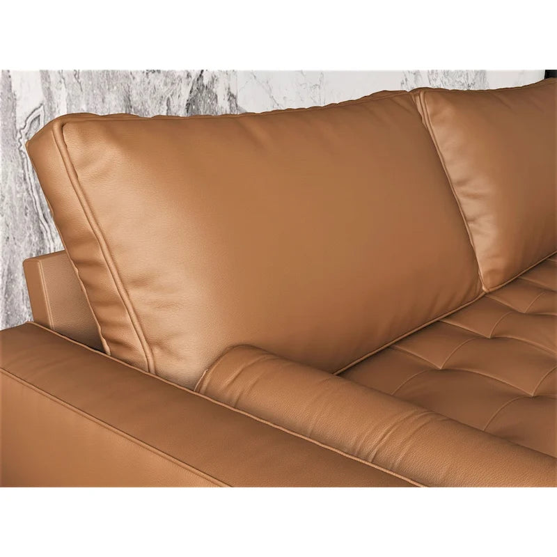 Mid-Century Modern Button-Tufted Faux Leather Loveseat with Pecan Tapered Legs