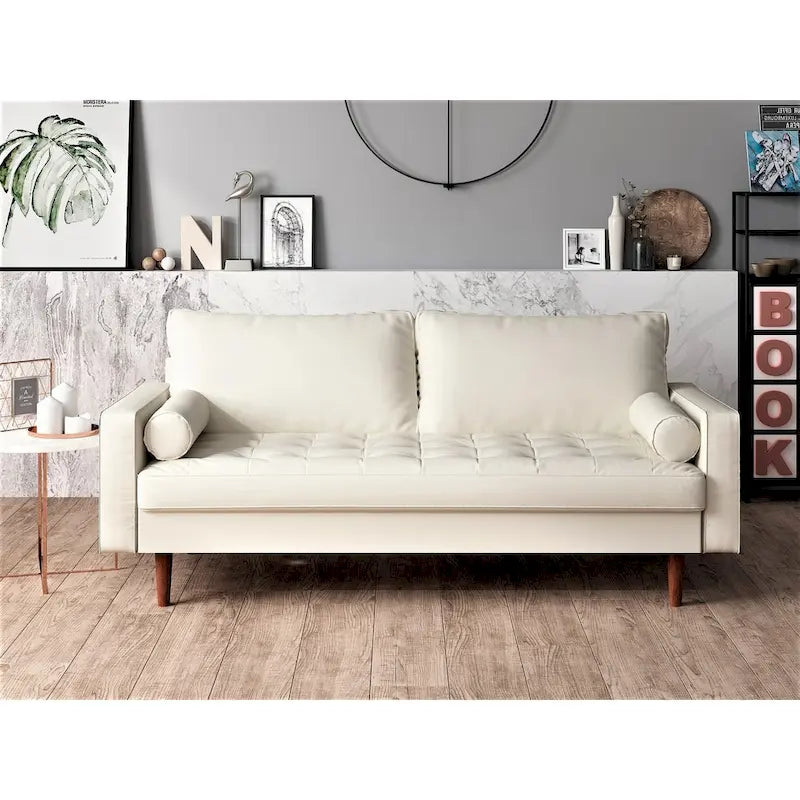 Mid-Century Modern Button-Tufted Faux Leather Loveseat with Pecan Tapered Legs