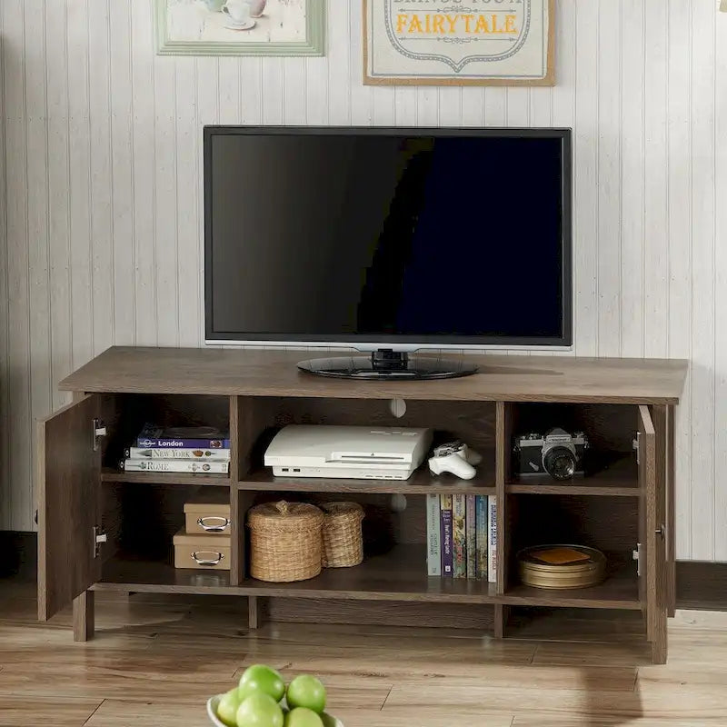 48 Inch Distressed Walnut TV Console with 6 Shelves and 2 Cabinet Doors